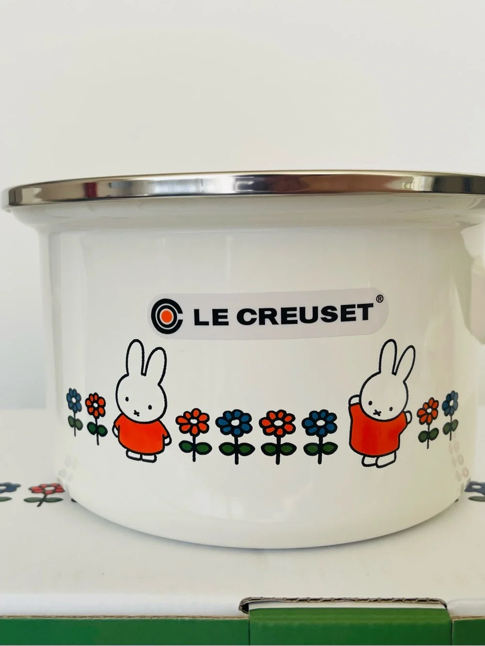 New Le Creuset White Enamel Miffy Saucepan with Orange Accents with original box